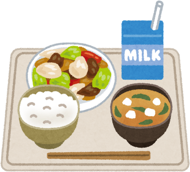 Illustration of a School Lunch Tray with Main Dish, Rice, Soup, and Milk